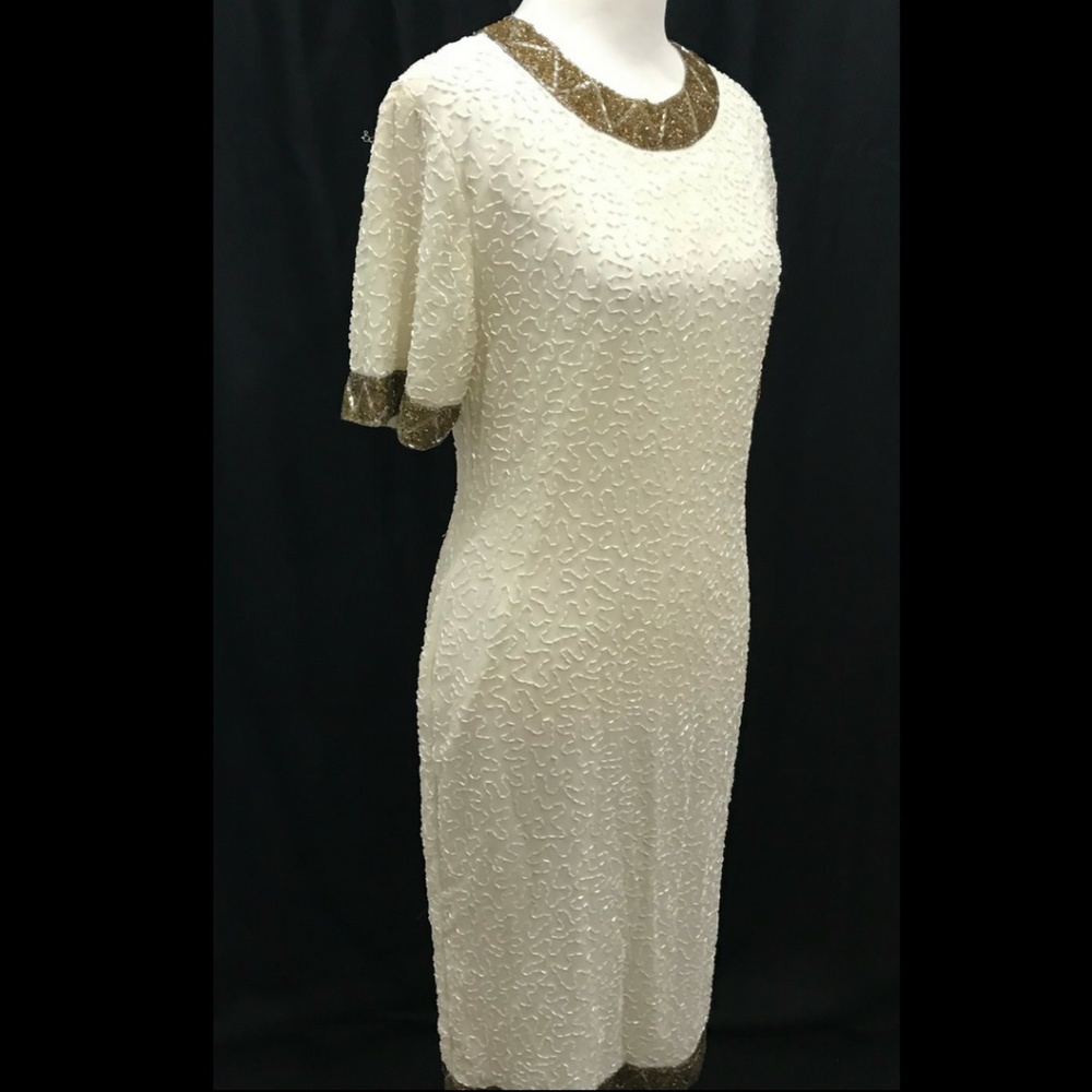Stenay Size 8 Vintage Beaded Dress Ivory Gold - Picture 3 of 8
